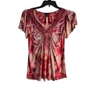 Covington Top Women MP Pink Red Tie Dye Boho Hippy 70s Y2K Style Sparkle V-Neck